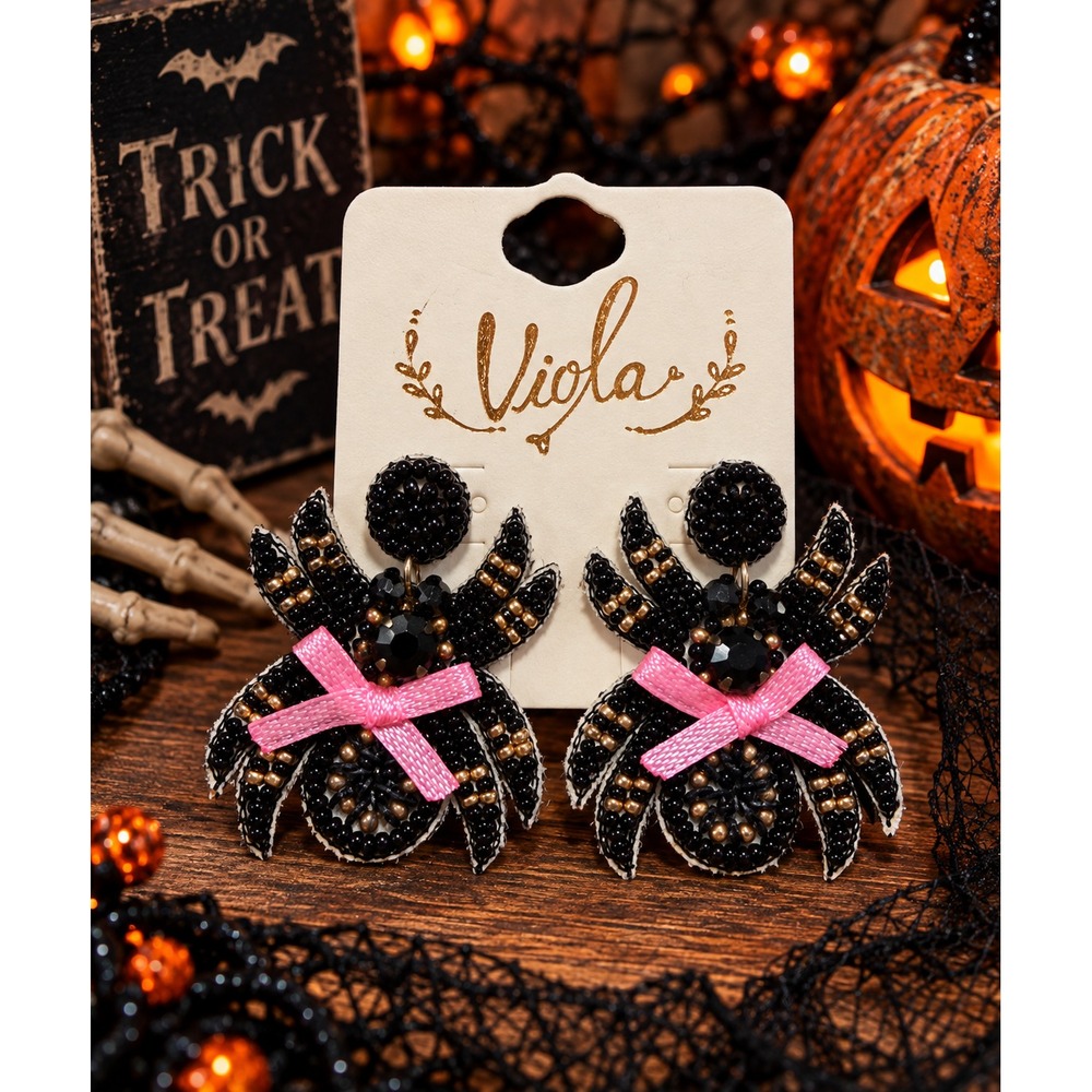 Halloween Spider Earrings Pink Bow Seed Bead Black Gold Statement Dangle